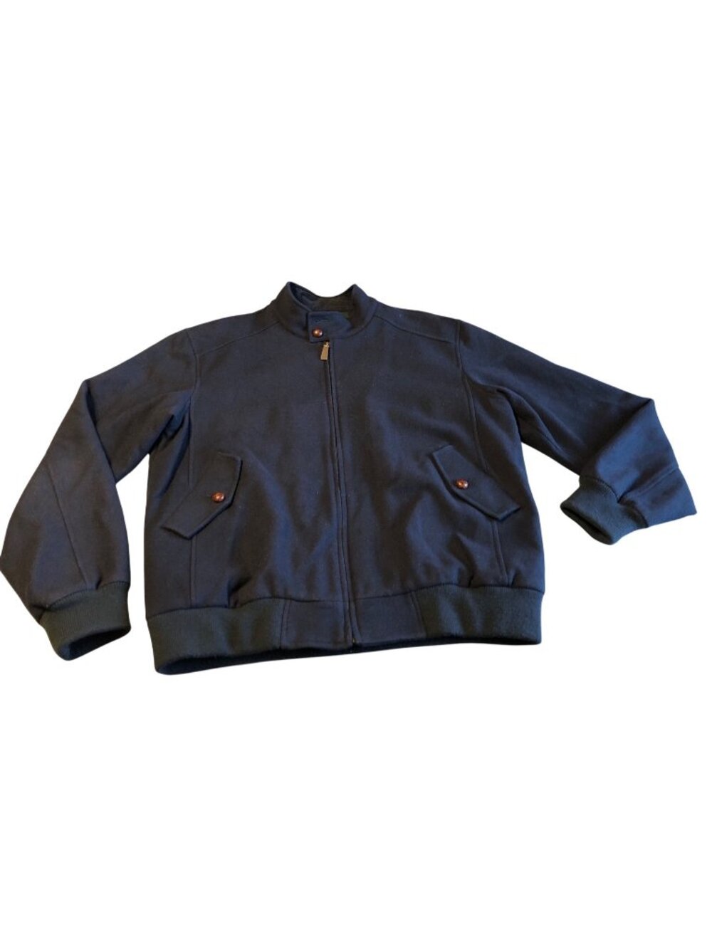 Orvis Jacket Navy Blue Wool Blend Bomber Mens L Tartan Plaid Lining Button Coat
